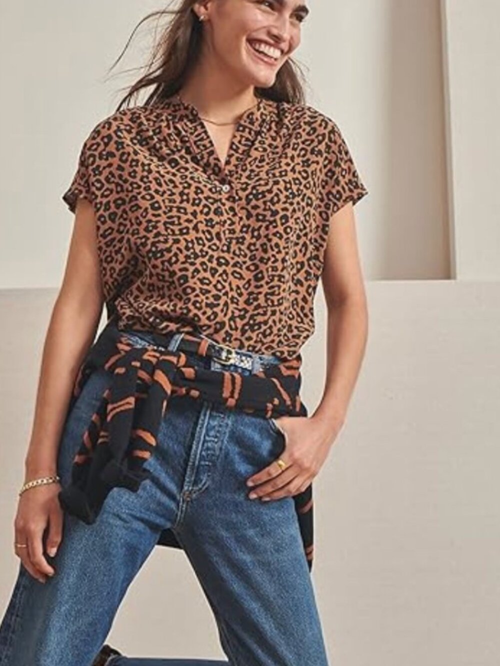 Amour Vert Renata Washable Silk Blouse - Leopard print, Size Large